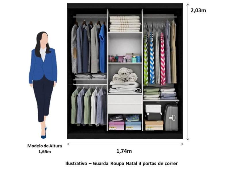 Guarda-Roupa Casal 3 Portas 2 Gavetas com Espelho Natal 3E Quarta Divisão Móveis
