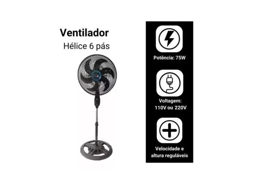 Ventilador Chão Alto E Potente Preto Com 6 Pás De Plastico, 48 Cm De D