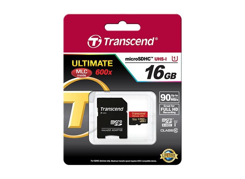 Cartão de Memória Micro SDHC-I com Adaptador Transcend Ultimate 600x 16 GB TS16GUSDHC10U1