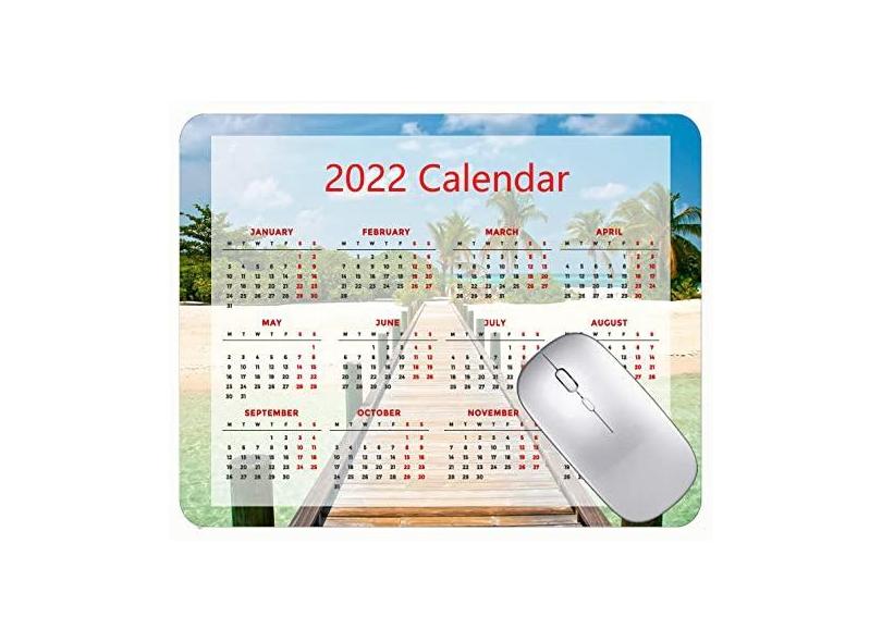 Mouse pad com calendário 2022 com bordas costuradas, preto, para jogos, Maldivas, ponte tropical, praia, tapete de borracha antiderrapante