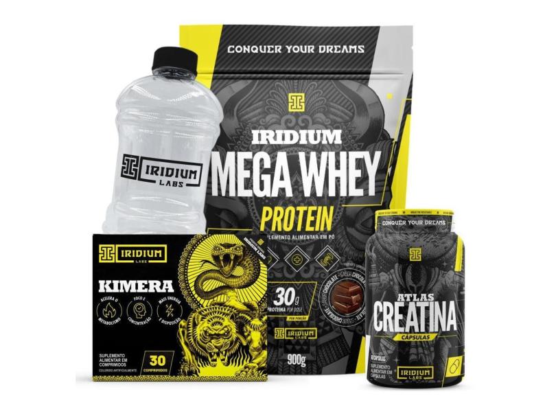 Kit Mega Whey + Kimera Thermo 30 Comps +  Atlas Creatina 60 Cáps + Galão Cristal 0,950L-Unissex