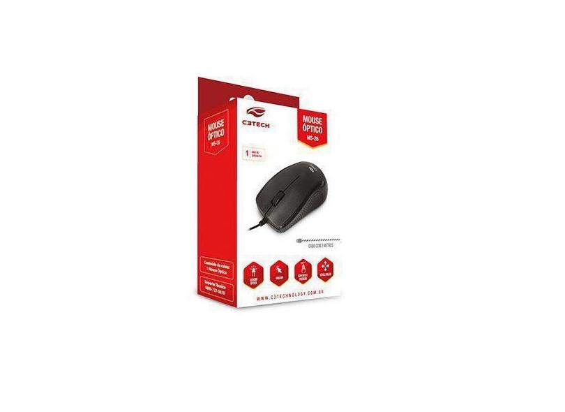 Mouse USB MS-26BK Preto Cabo Extenso 1.95M C3 TECH - C3TECH