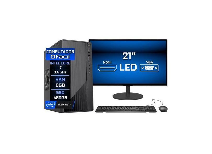 Computador Fácil Intel Core i7 3.4GHz 8GB SSD 480GB Monitor 21" HDMI L