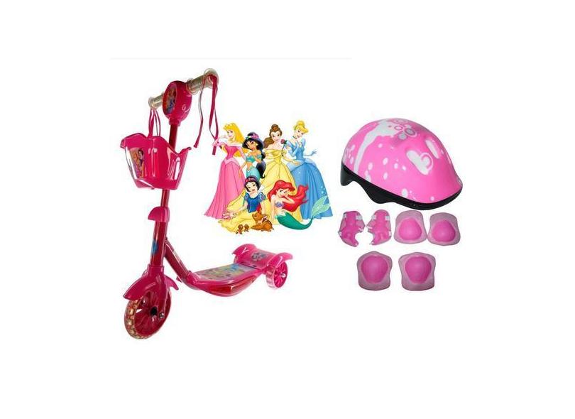 Patinete Infantil 3 Rodas Com Cesta Princesas E Kit Proteção - Samba T