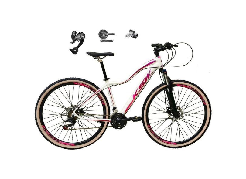Bicicleta Feminina Aro 29 Ksw Mwza 27v Câmbios Shimano Altus Freios Hidráulicos Garfo Com Trava Pneu Bege - Branco/Pink/Violeta