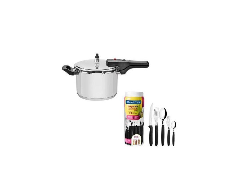 Panela De Pressão Inox 4,5L + Faqueiro 30Pç Preto Tramontina