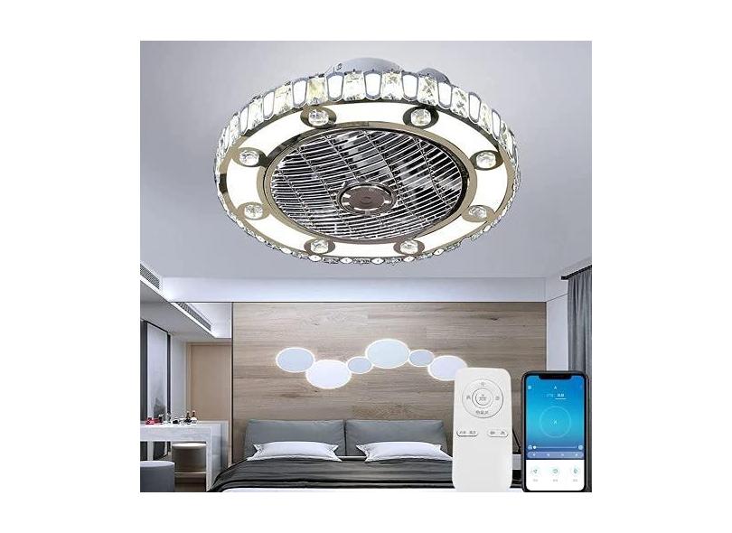 Ventilador de teto com iluminação, lustre de cristal silencioso LED com controle remoto, luz de teto com ventilador de temporização, lâmpada de teto com ventilador moderno para quarto, sala