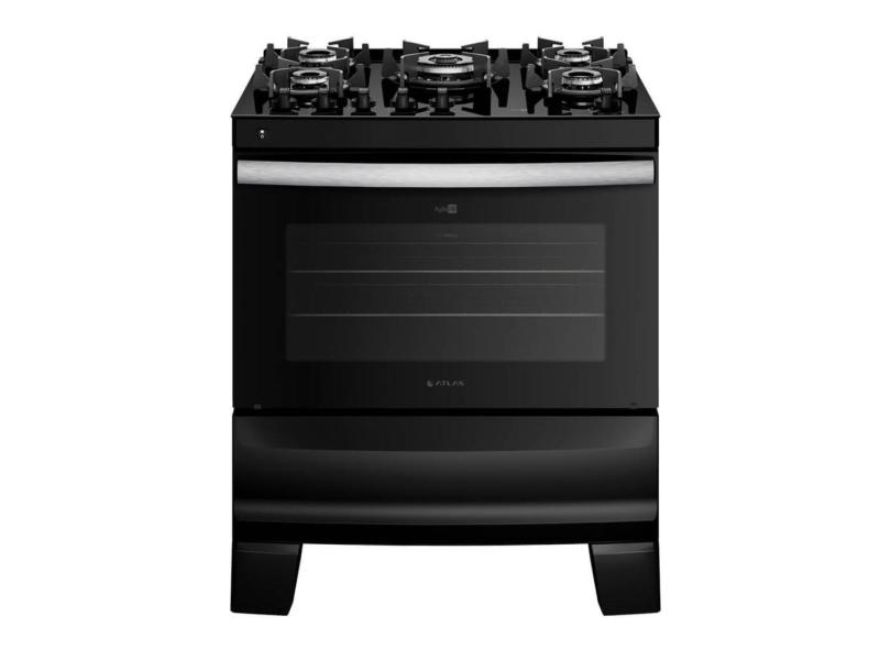 Fogão 5 bocas Atlas de Piso Automático com Mesa de Vidro Forno 86,5L 2 Prateleiras Ágile Up preto Bivolt