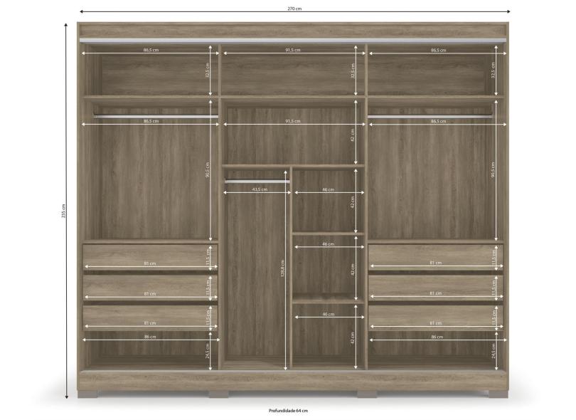 Guarda-Roupas Casal 3 Portas 6 Gavetas com Espelho G542 Kappesberg