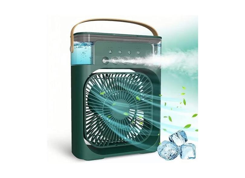 Ventilador Portátil de Mesa Mini Ar Condicionado Umidificador Climatizador com Tanque de água De 600ml, 3 Velocidades de Vento e Pulverizador de 5 Furos com Luz LED de 7 Cores (Verde)