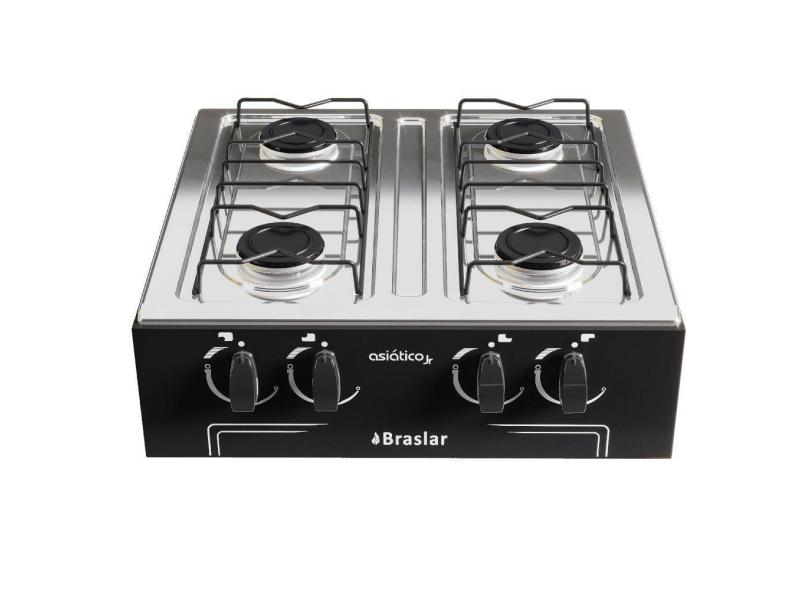 Fogão a Gás Braslar Asiático 4 Bocas Portátil Sem Forno Acendimento Manual