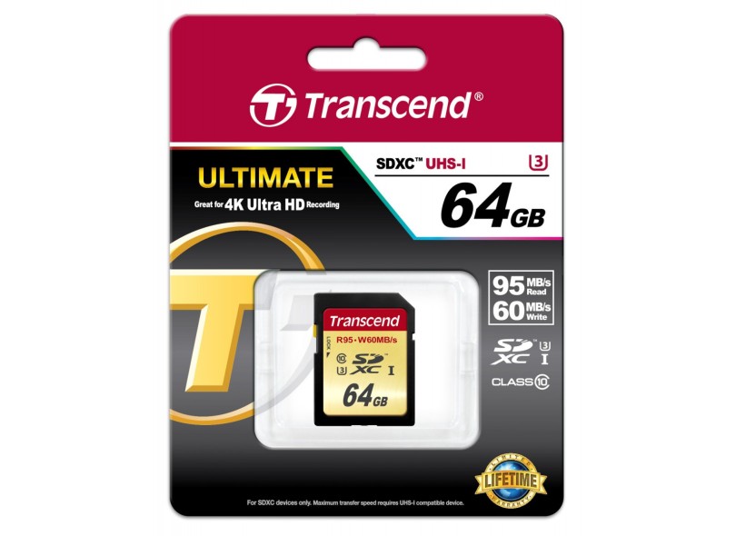 Cartão de Memória SDXC Transcend 64 GB TS64GSDU3