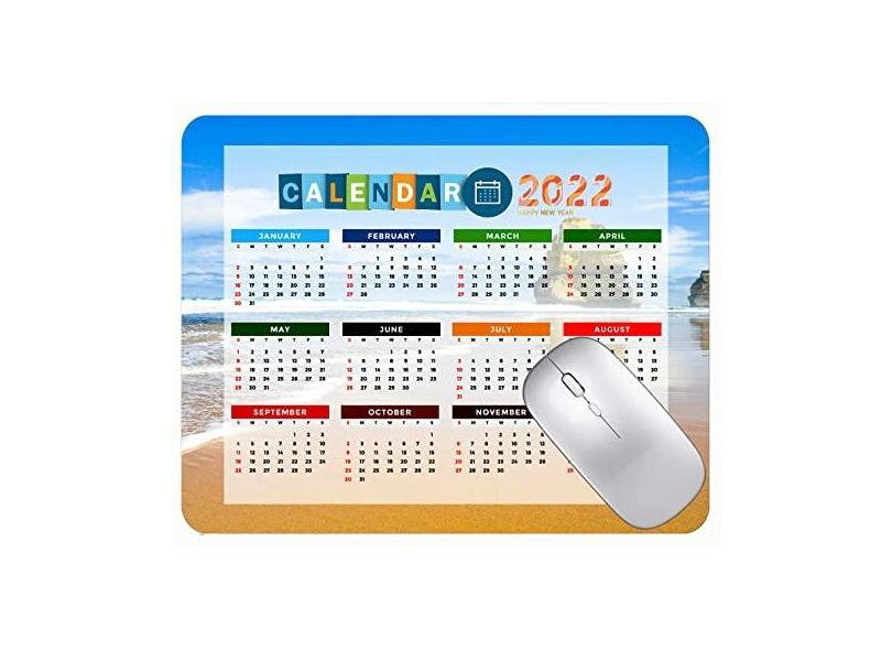 Mouse pad colorido calendário 2022 ano 2022 praia, azul marinho, água, base de borracha antiderrapante