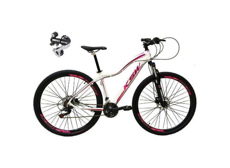 Bicicleta Feminina Aro 29 Ksw Mwza 24v Câmbio Shimano Acera K7 Garfo Trava Freio a Disco - Branco/Violeta