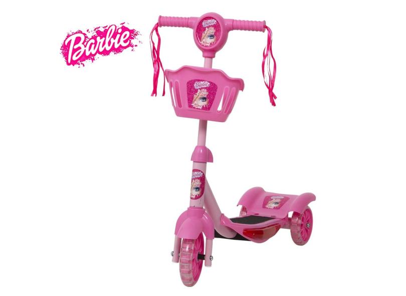 Patinete Infantil Menina Barbie 3 Rodas Cestinha Luzes Led