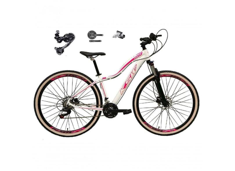 Bicicleta Feminina Aro 29 Ksw Mwza Câmbio Deore E Altus 27v Hidráulico Garfo Trava Pneu Faixa Bege - Branco/rosa Tam.15