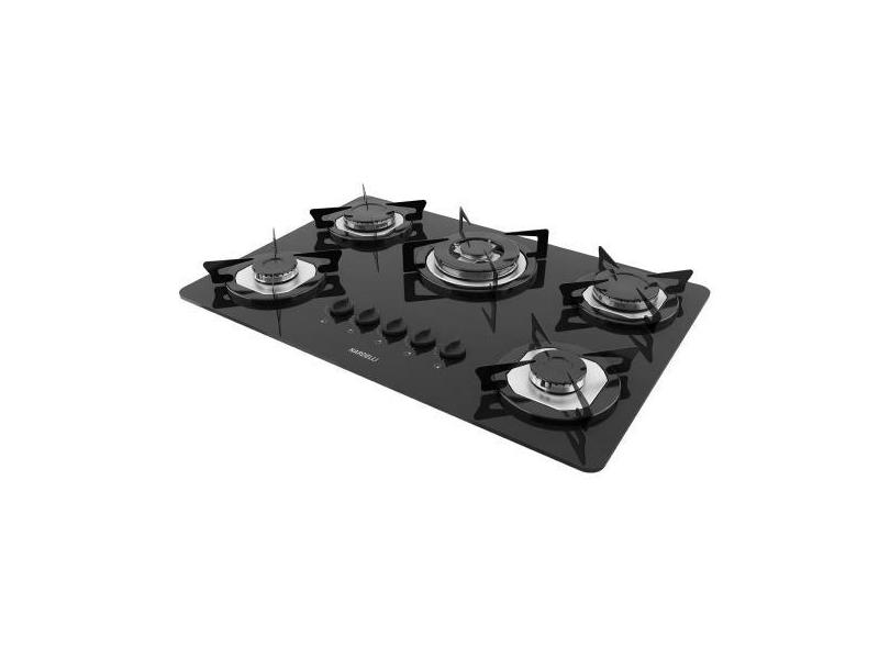 Cooktop Nardelli à Gás NDL 5B TC Vidro Preto Flange Inox, Preto, Bivol