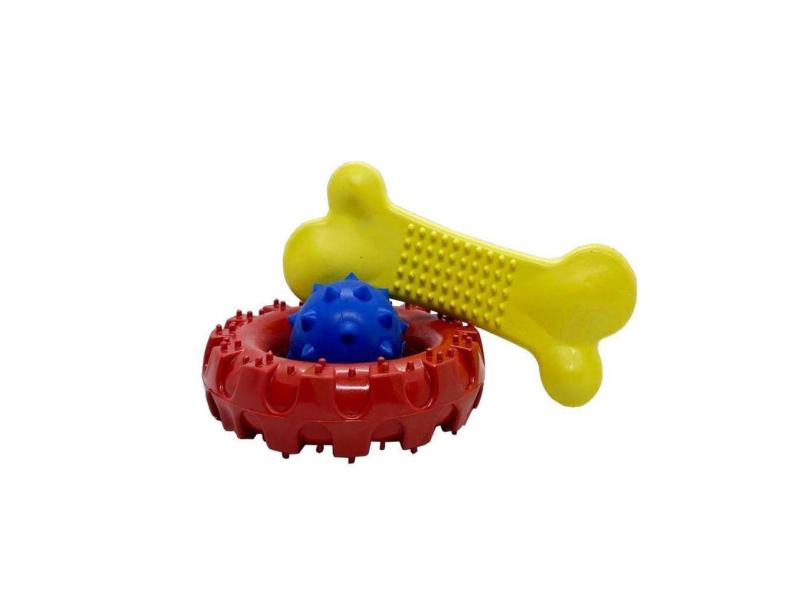 Kit Brinquedo Pet Bola Cravo 55Mm Mamona + Pneu M + Osso G