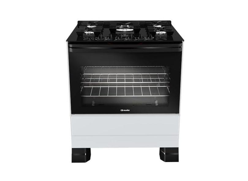 Fogão Mueller 5 bocas Branco com Mesa de Vidro e Tripla Chama Bivolt MFV5BF