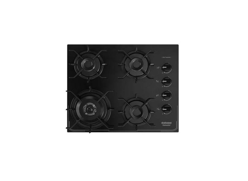 Cooktop 4 Bocas Tripla Chama Preto a Gás em Aço Inox e Trempes em Ferr