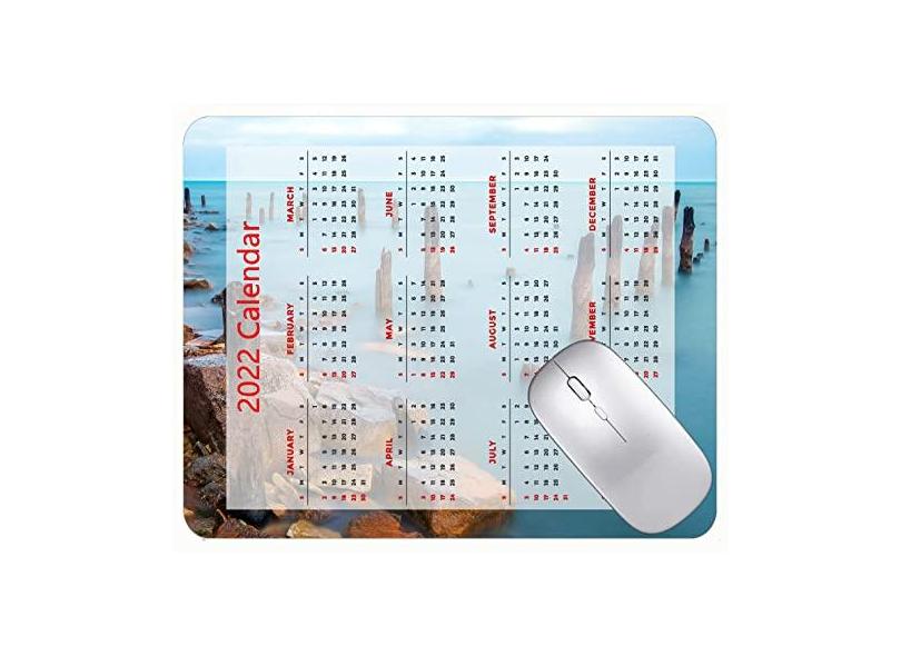 Mouse pad 2022 Calendário com feriados, pedras de fundo do mar tapete para jogos com bordas costuradas