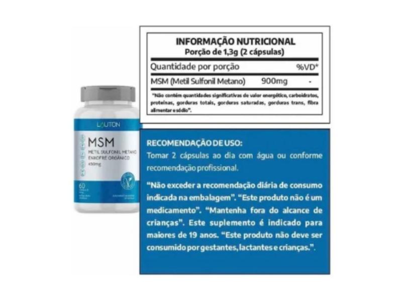 MSM (Enxofre orgânico) Vegano Lauton 450mg 60 cápsulas Beleza da pele e