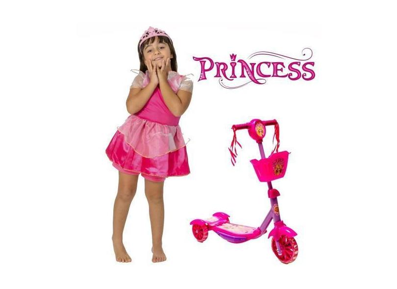 Patinete Infantil Rosa Cestinha + Fantasia Vestido Cinderela - Dm Toys