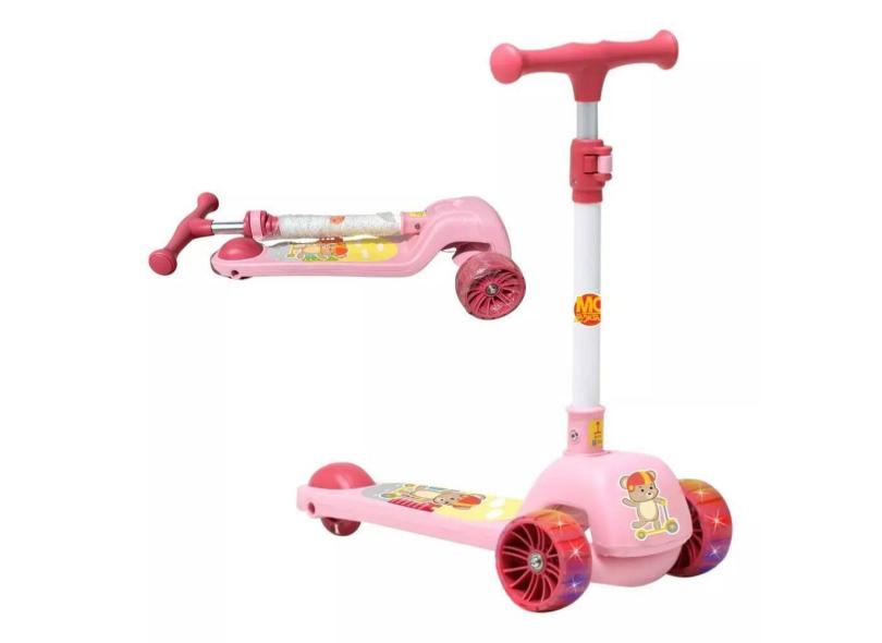 Patinete Urso Fofo Rosa Para Criança 50kg Ajustavel Dobravel