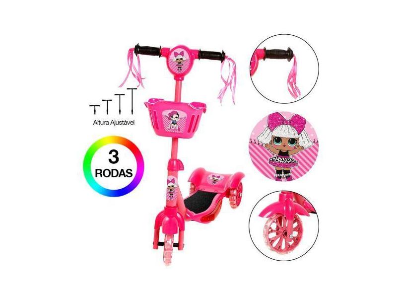 Patinete Infantil Rosa Da Lol 3 Rodas Com Led E Som - Zein