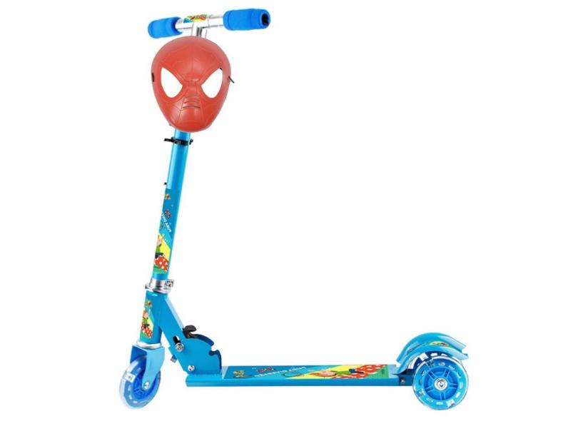 Patinete Ferro Menino 3Roda Led Criança + Máscara Spider Man