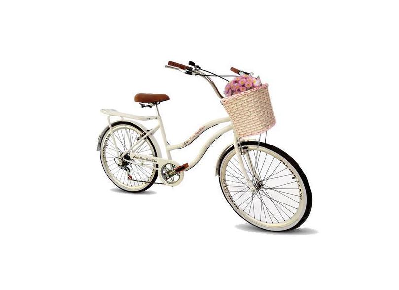 Bicicleta Feminina Aro 26 Com Cestinha Tipo Vime 6V Branco - Maria Cla