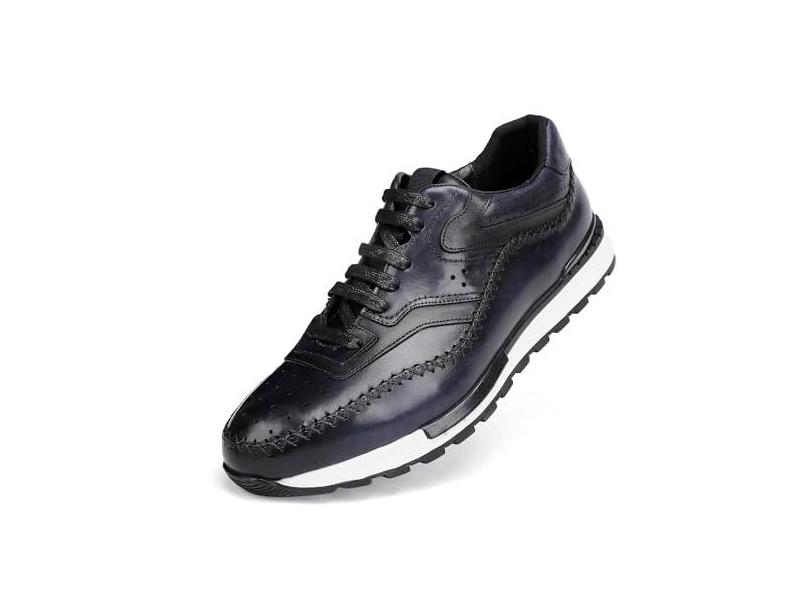 GOLDEN COXES FAMILY Tênis masculino casual de couro com cadarços, moderno, oxford, cadarço para homens, preto e azul, Azul, 41