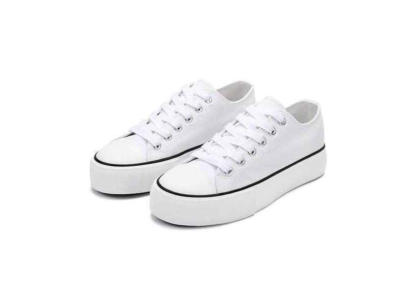 Tênis feminino de lona plataforma cano baixo e cano alto tênis de lona com cadarço moderno sapatos casuais para mulheres, Branco, 38