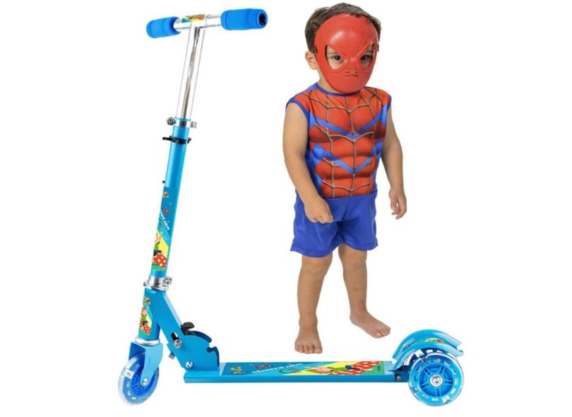 Patinete Ferro Menino 3 Roda Led Criança + Roupa Spider Man