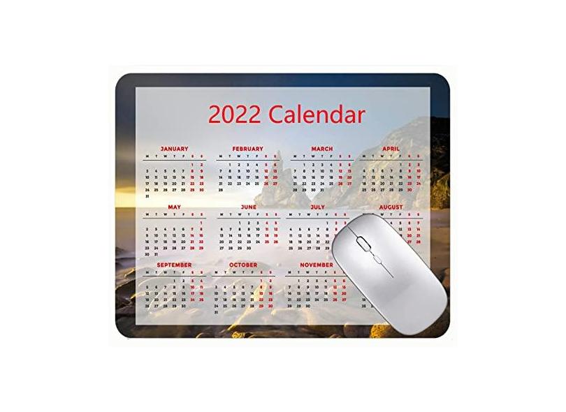 Mouse pad calendário 2022 com feriados, mouse pad para escritório com pedras Coast Dawn Cliff