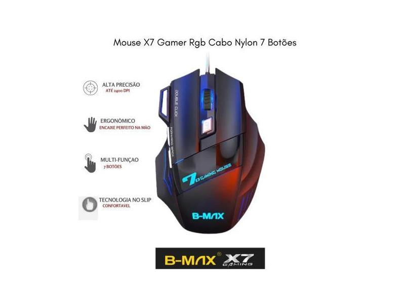 Mouse X7 Gamer Rgb Cabo Nylon 7 Botões - Original B-max
