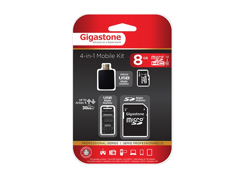 Cartão de Memória Micro SDHC com Adaptador Gigastone 8 GB GS-4IN1C1008G-R