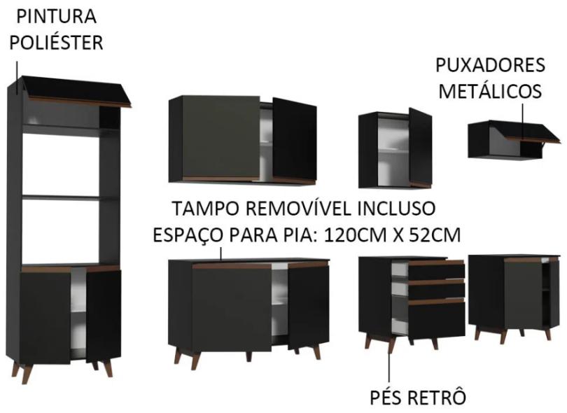 Cozinha Completa 3 Gavetas 11 Portas para Micro-ondas / Forno para Cooktop Reims 320002 Madesa