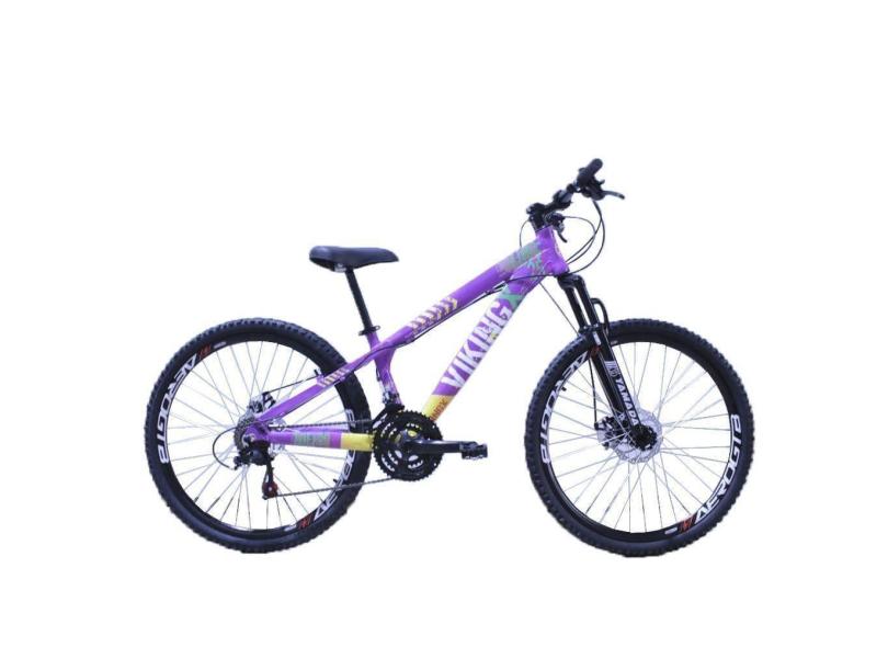 Bicicleta Viking Tuff25 Aro Gtb 26 Freio A Disco 21 Vel Cambios Importado Lilas Amarelo