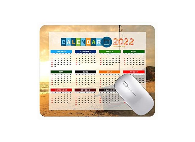 Mouse pad com calendário 2022 com bordas costuradas, preto, para jogos, praia, cais, de madeira, tapete para jogos, com bordas costuradas