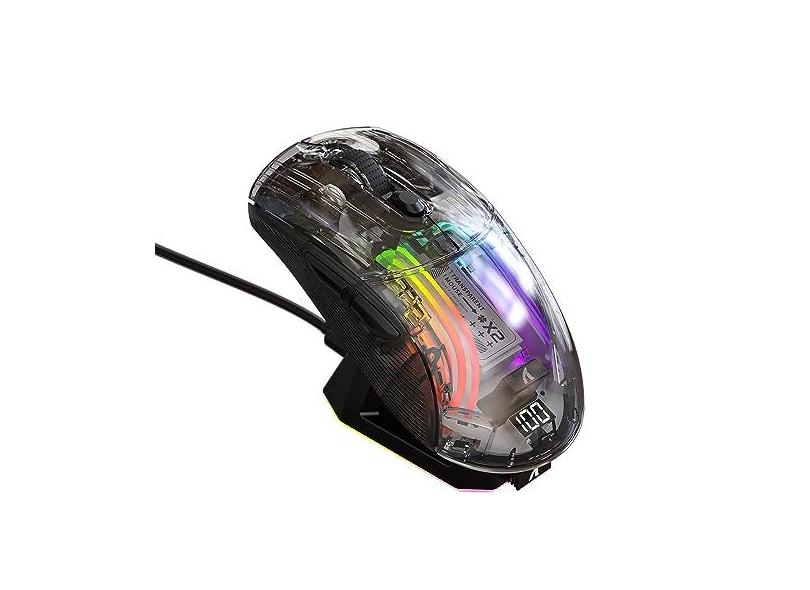 A.JAZZ Mouse para jogos sem fio com totalmente transparente, Tri-Mode 2,4 GHz/Bluetooth/mouse com fio, tela digital, base de carregamento, retroiluminação 3D RGB, mouse silencioso com 7 botões, mouse