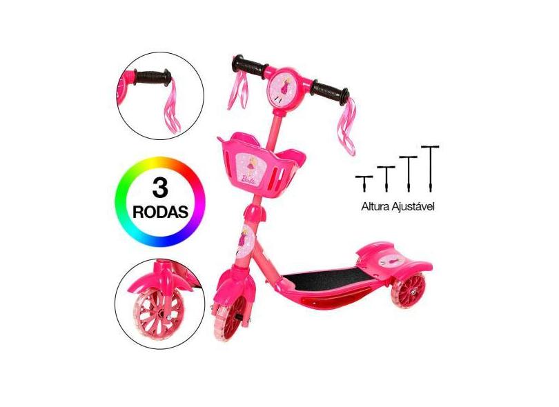 Brinquedo Infantil Patinete Scooter 3 Roda Barbie Cesta Luz