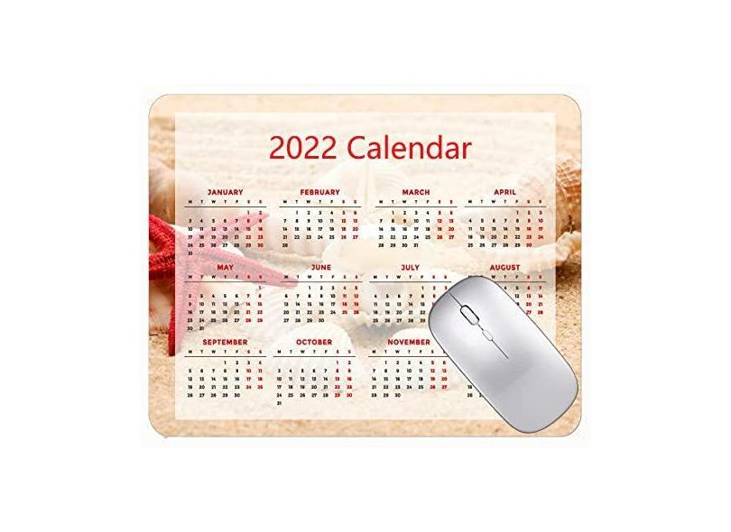 Mouse pad calendário 2022 com bordas costuradas, preto, para jogos, concha, estrela-do-mar, praia, pérola, antiderrapante, de borracha