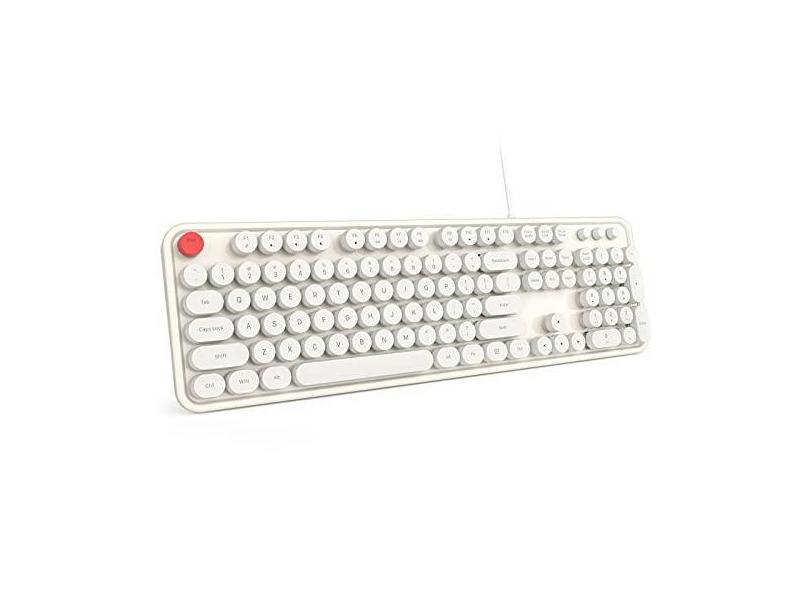 MOWUX Teclado de computador com fio, teclado de máquina de escrever redondo retrô Plug Play, teclado com fio de tamanho completo com suportes dobráveis para laptop e PC de escritório