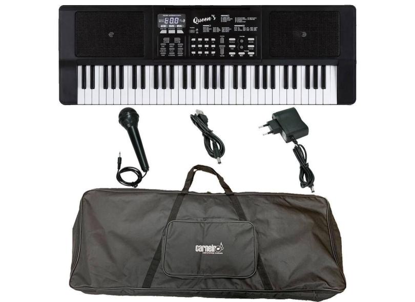 Teclado Iniciante Queens 61 Teclas Com Fonte Microfone Capa