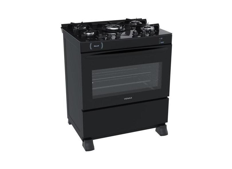 Fogão 5 Bocas Gaudi Vitreo Preto Fosco Gás GLP Venax, Bivolt