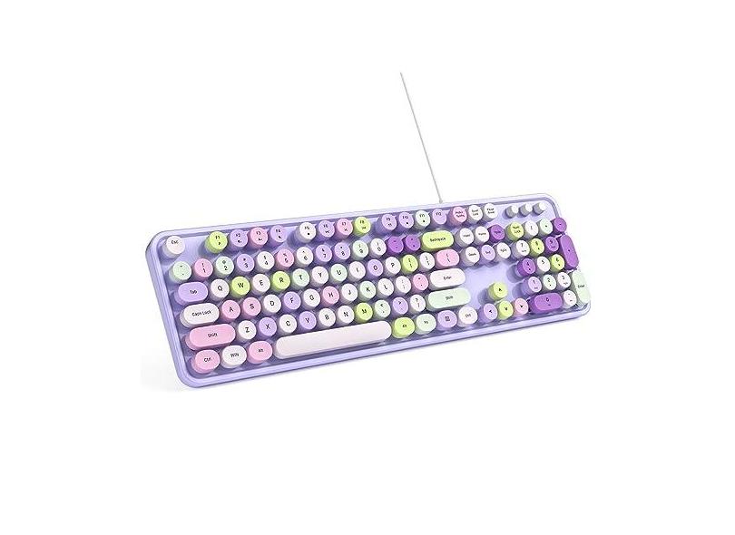 MOWUX Teclado de computador com fio, teclado de máquina de escrever USB retrô redondo Plug and Play, teclado com fio de tamanho completo com suportes dobráveis para laptop e PC de escritório - roxo
