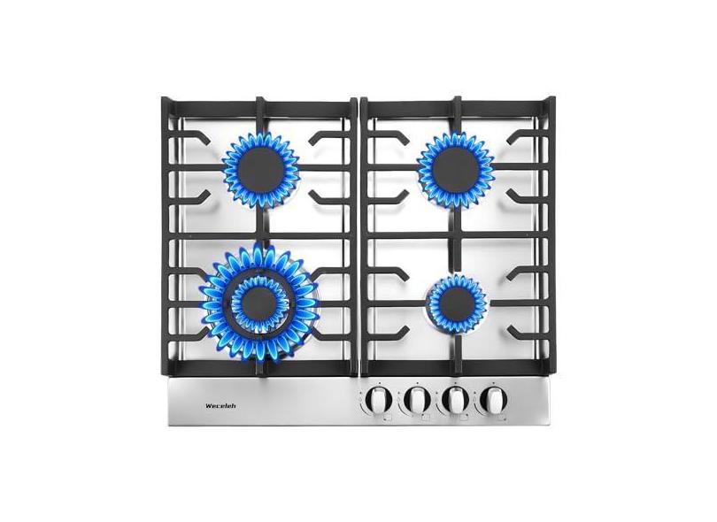 Weceleh Fogão a gás de 61 cm, com 4 queimadores, fogão a gás 27400BTU com proteção de termopar, fácil controle de botão, aço inoxidável conversível NG/GLP, fácil de limpar para cozinha