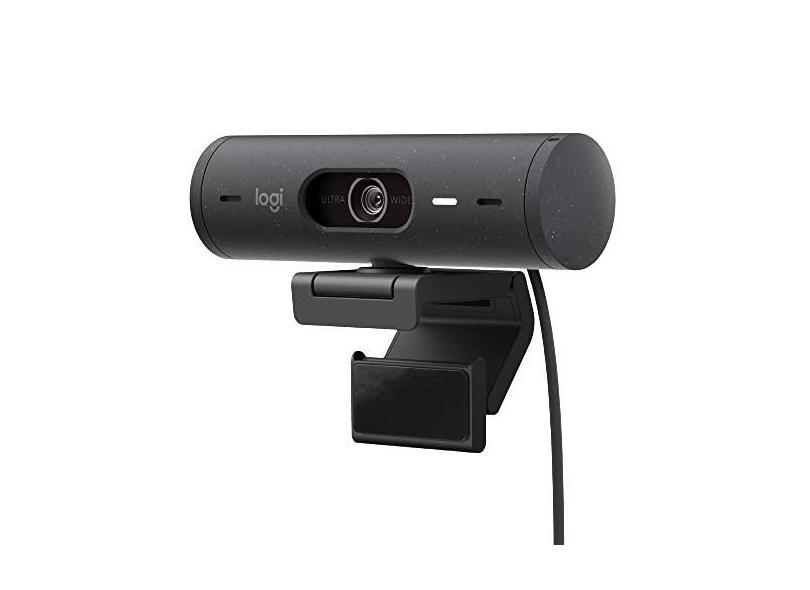 Webcam Full HD Logitech Brio 500 com Microfones Duplos com Redução de Ruídos, Proteção de Privacidade, Correção de Luz e Enquadramento Automático - Grafite