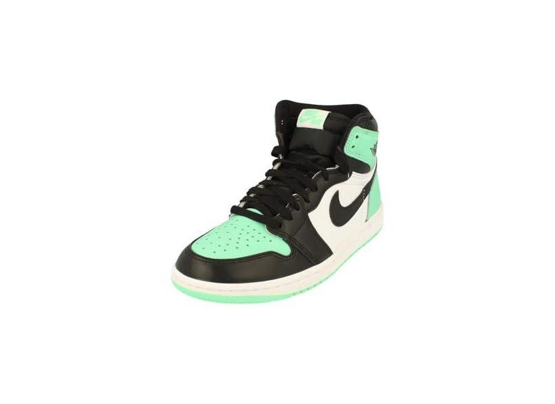 Nike Tênis masculino Air Jordan 1 Retro High OG Branco/Preto-Verde Brilho DZ5485 130, Branco/preto e verde brilhante, 38